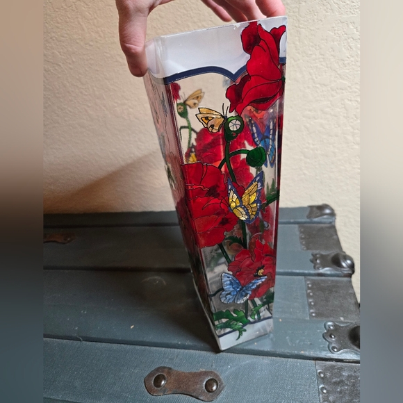 Glass Vase 13in Tall With Flowers And Butterflies Handpainted Heavy Vibrant - Picture 6 of 11